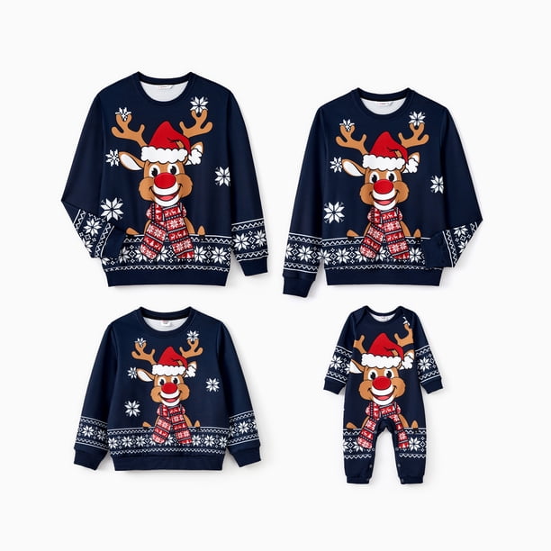 Camisetas navideñas a juego para toda la familia con dibujos de renos y copos de nieve, fondo y mangas largas