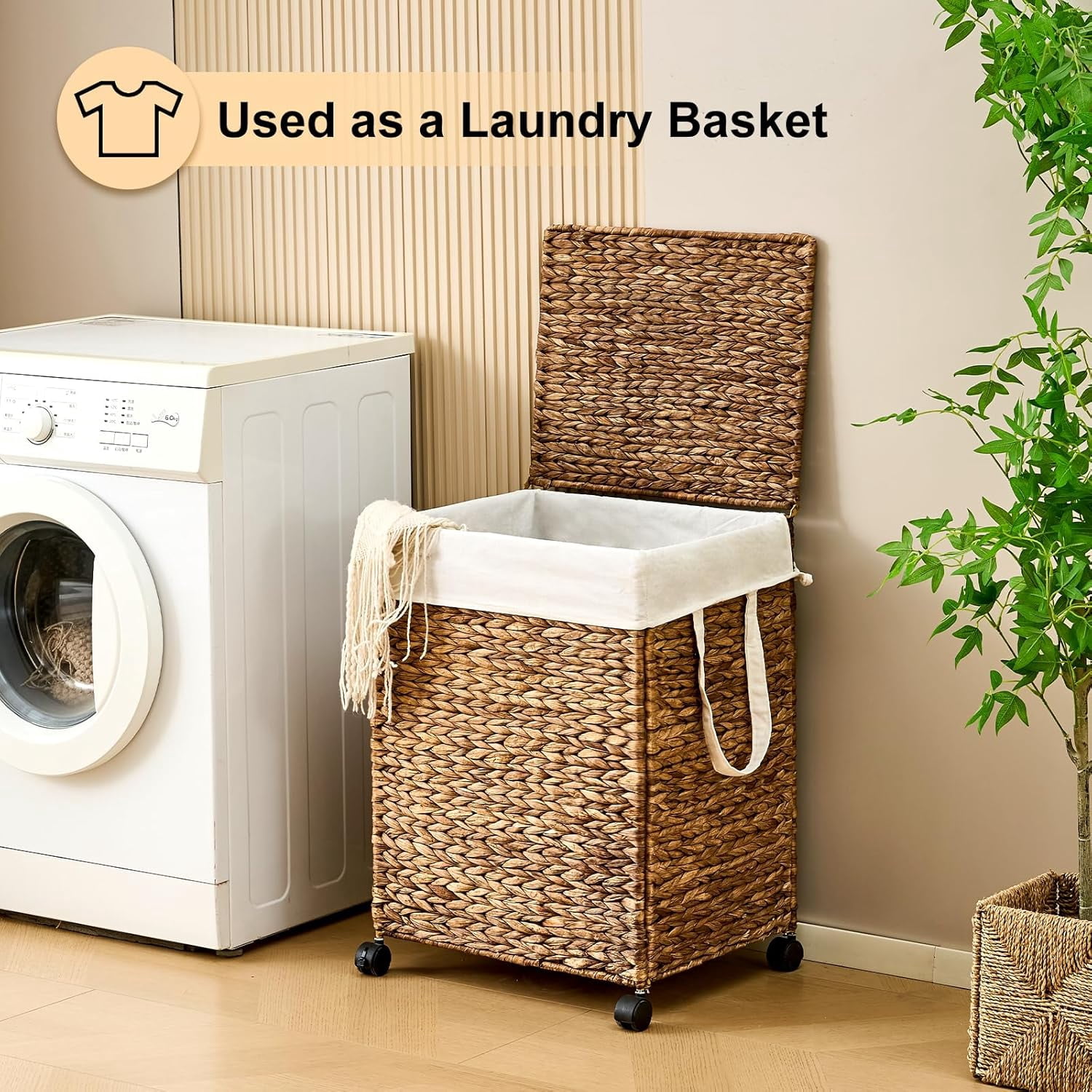 Rolling Natural Water Hyacinth Laundry Hamper with Removable Liner, 100L Capacity, Espresso