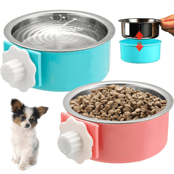 2pcs Stainless Steel Dog Bowls, Removable Crate Pet Bowls Hanging Food Water Feeder Bowls for Dogs Cats