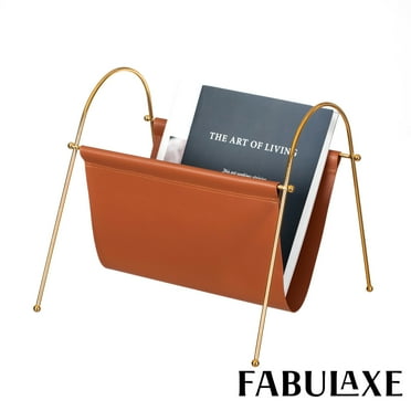 Fabulaxe 12-in Gold-Tone Metal Frame  with Brown Leatherette Sling Magazine Holder for Living Rooms, Home Offices, and Waiting Areas - for Office Desk Accessories, Organizing Magazines and Newspapers