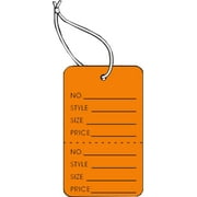LARGE COUPON TAG, 2-7/8" X 1 3/4", ORANGE IN COLOR "NO., STYLE, SZ, PRC" W/TEAR OFF STUB, WITH STRING, BOX OF 1000