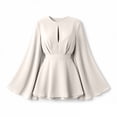 thumbnail image 5 of Karymi Solid Satin Romper Dress, Crew Neck Front Keyhole Cutout Bell Long Sleeve A-Line Mini Dress with Adjustable Self Tie Waist Layered Hem Easter Dresses for Women, 5 of 9
