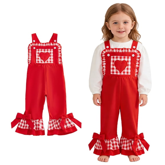 Girls' Valentines Jumpsuits & Rompers Heart Embroidery Sleeveless Overalls Flared Legs Pants Summer Clothes for Kids 4-5 Years