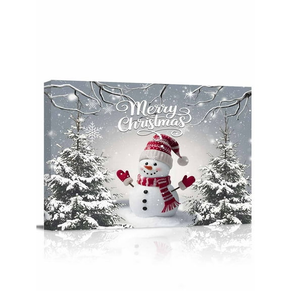 Gray Christmas Snowman Canvas Print Wall Art Xmas Tree Snowflake Pictures Painting Morden Artwork for Living Room Bedroom, Ready to Hang - 12"x16"