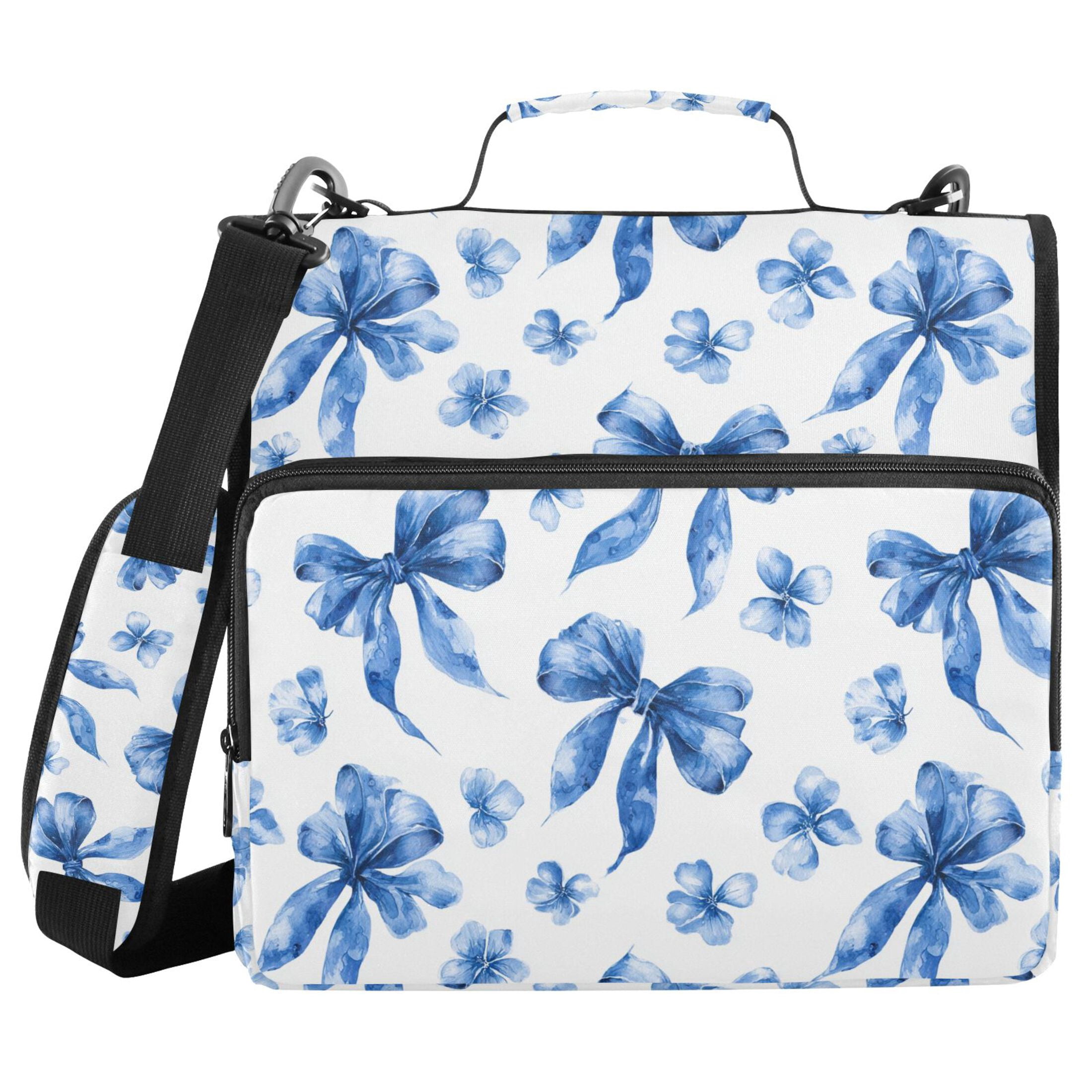 Zipper Binder Blue Bows and Floral 1.5 Inch Binder Folder Bag with Shoulder Strap and Handle