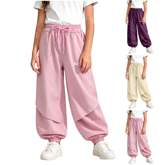 Loopsun Kids Girls Pants 2 to 16 Years Summer High Waist Drawstring Wide Leg Jogger Trousers