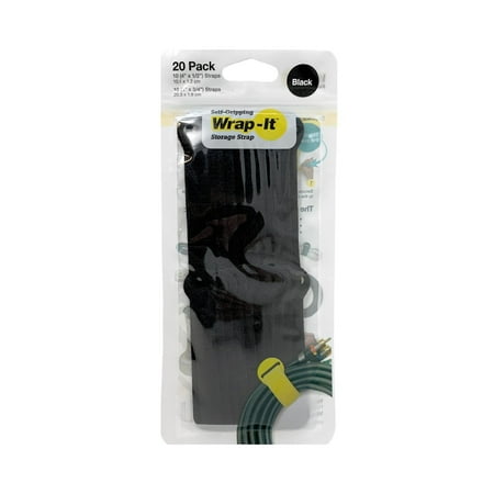 Wrap-It Storage - Self-Gripping Cable Ties (20-Pack) Reusable Hook and Loop Cord Organizer Cable Tie for Cord Management and Organization - Black