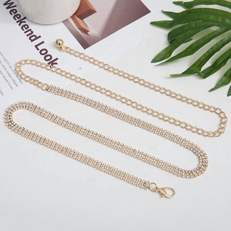 1pc Alloy 3-Row Full Rhinestone Body Chains Bikini Jewelry for Woman Golden 1150mm