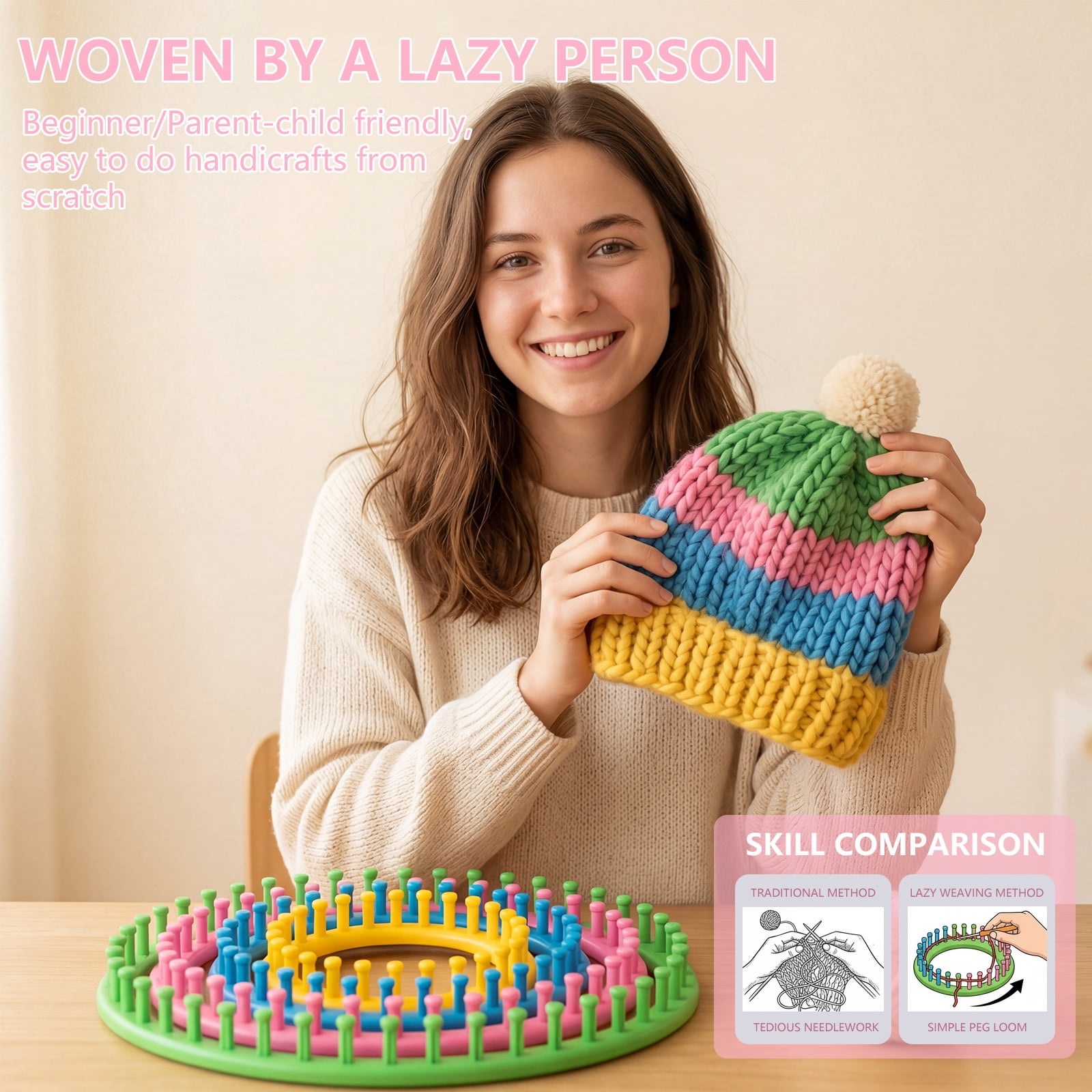 Toorise Knitting Frame Kit with Pompom Maker Round Knitting Frame for Hat Long for Blanket Scarf Shawl with Crochet Hook and Plastic Needle