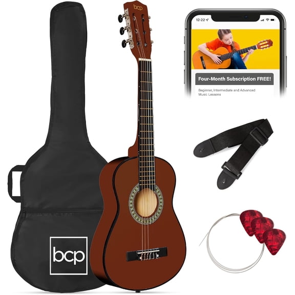 PRZL 30in Kids Acoustic Guitar, All-in-One Beginner Starter Kit w/Strap, Case, Extra Strings, Rosette Inlay - Mahogany Stain