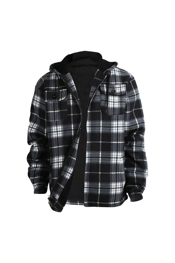 Men's Hooded Flannel Jackets Lounge Button Up Plaid Flannel Shirts Winter Big & Tall Jacket for Men Stylish Long Sleeve Hoodie Pockets