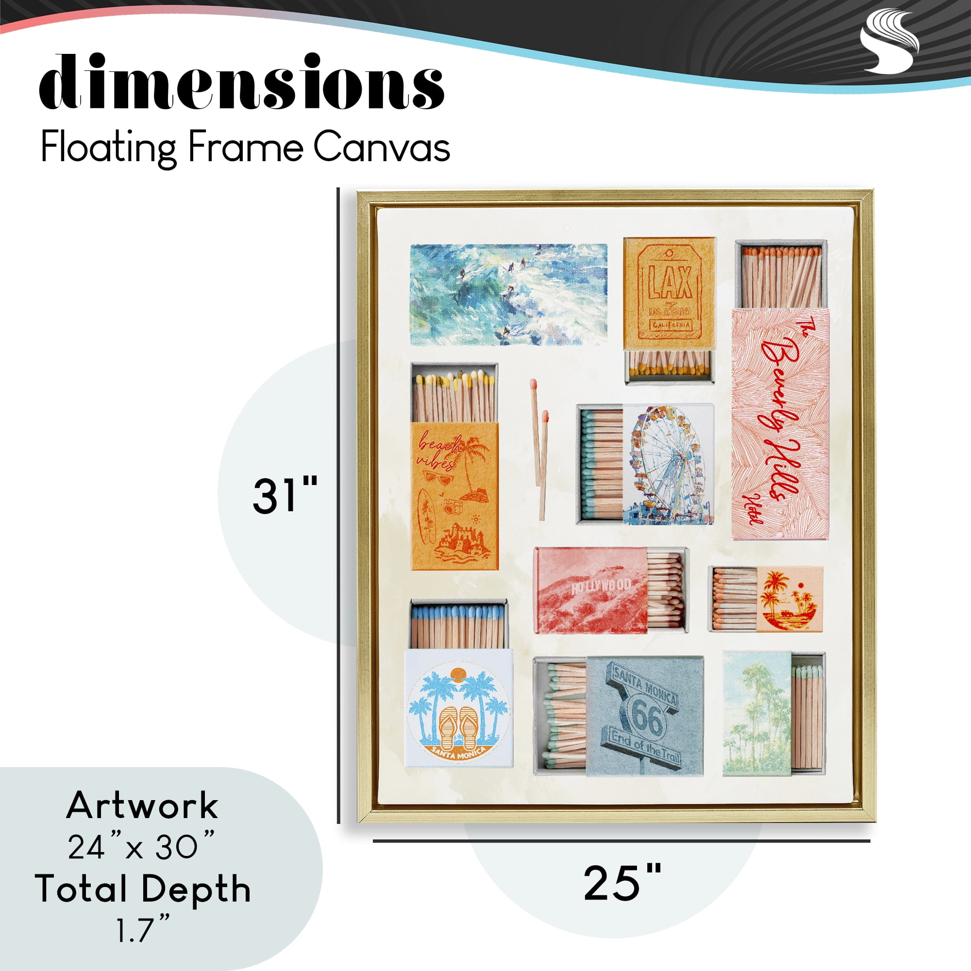 California Beach Matchboxes Gold Framed Floater Canvas Wall Art, design by Ziwei Li