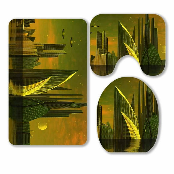 YUSDECOR Modern Alien City Computer Artwork 3 Piece Bathroom Rugs Set Bath Rug Contour Mat and Toilet Lid Cover
