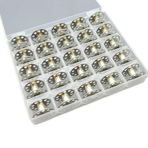 25 Pcs Metal Bobbins for Sewing Machine with Storage Box Metal Silver