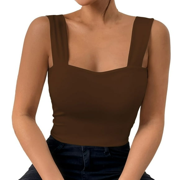 HAJGJP V Neck Tank Top Women Popular New Strapless Vest With Wide Shoulder Straps Sleeveless Top Sexy And Body Hugging Hot Girl Vest. Coffee,L
