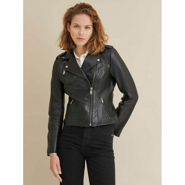 NOORA NEW Women Ladies Stylish Party Casual Wear FASHIONABLE Asymmetrical Black Biker Leather Jacket Moto Girl s Jacket Walmart
