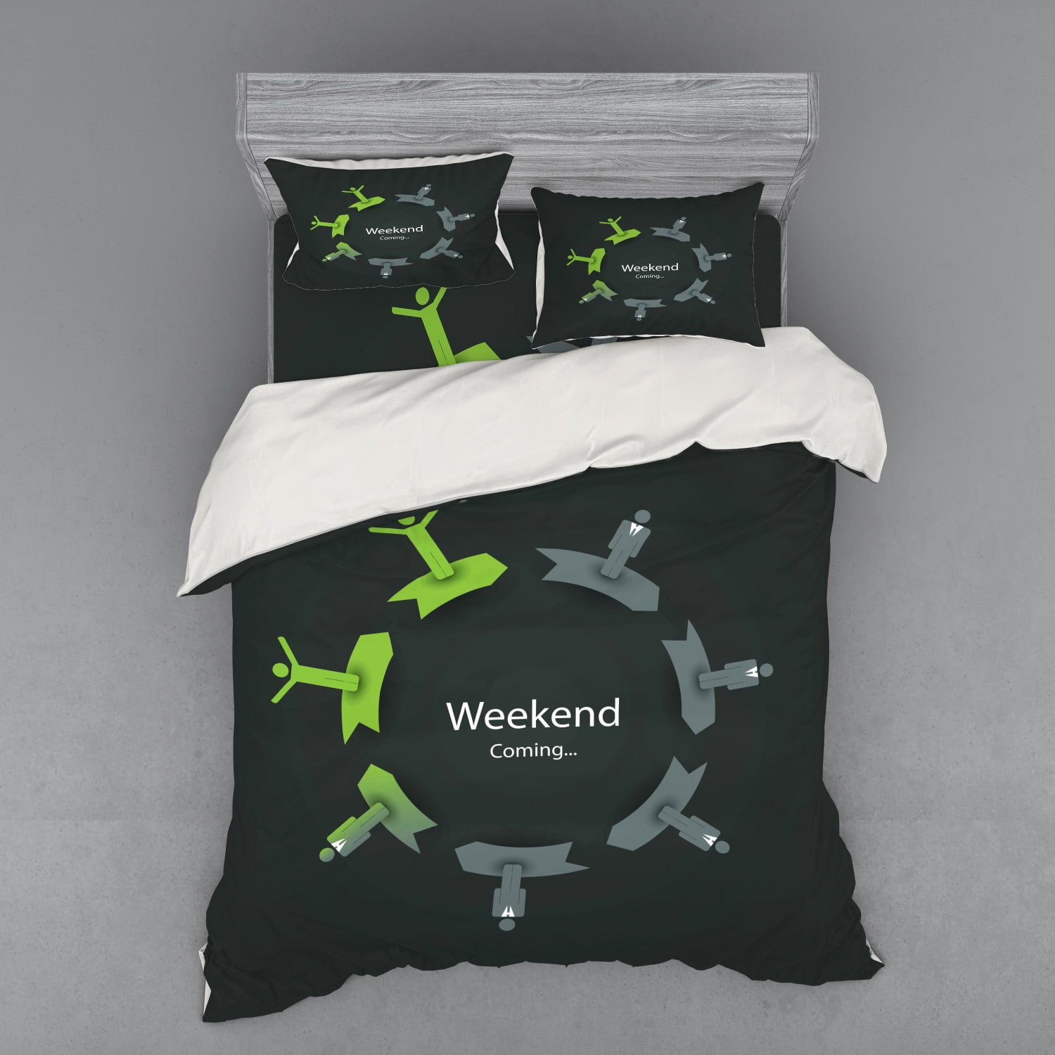 Funny Duvet Cover Set, Weekend Coming Lettering in Working Man Circle, Bedding Set with Shams