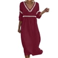 thumbnail image 2 of ClodeEU Women's Lace Trim V Neck 3/4 Sleeve Tunic Midi Dress,Casual Boho Beach Vacation Dress Wine,Women's Plus M, 2 of 7