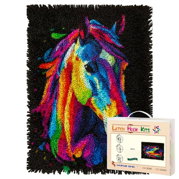 Latch Hook Rug Kit Colorful Horse Pre-printed Handmade Carpet Crochet Yarn Craft DIY Hook and Latch Door Mat Tapestry for Home Floor Decoration 52x38cm-1