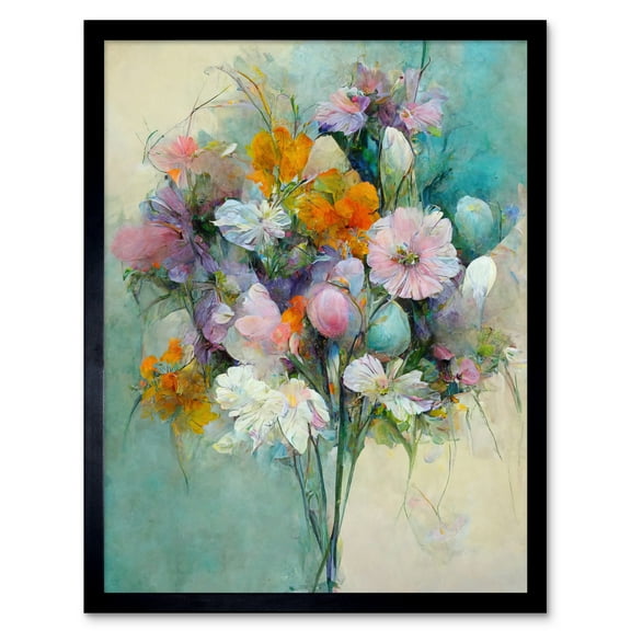 Watercolour Pink Orange And Teal Spring Flower Bouquet Illustration Art Print Framed Poster Wall Decor 12x16 inch