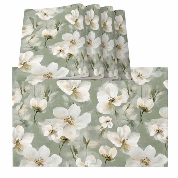 Sage Green Spring Floral Placemats for Dinning Table Set of 4, Summer Botanical Flower Burlap Kitchen Place Mats Waterproof Cloth Table Mats, Indoor Outdoor Placemats Easy Clean Dinner Decor