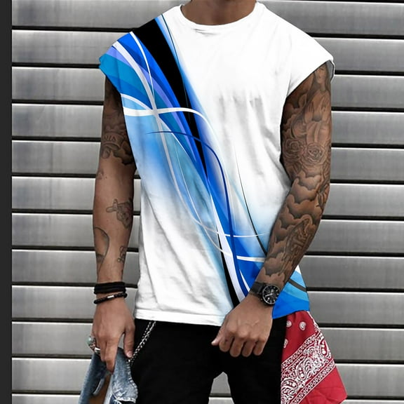 EchfiProm Blue Workout Tanks for Men Sleeveless Tank Tops Graphic Prints Round Neck Quick Dry Shirts L