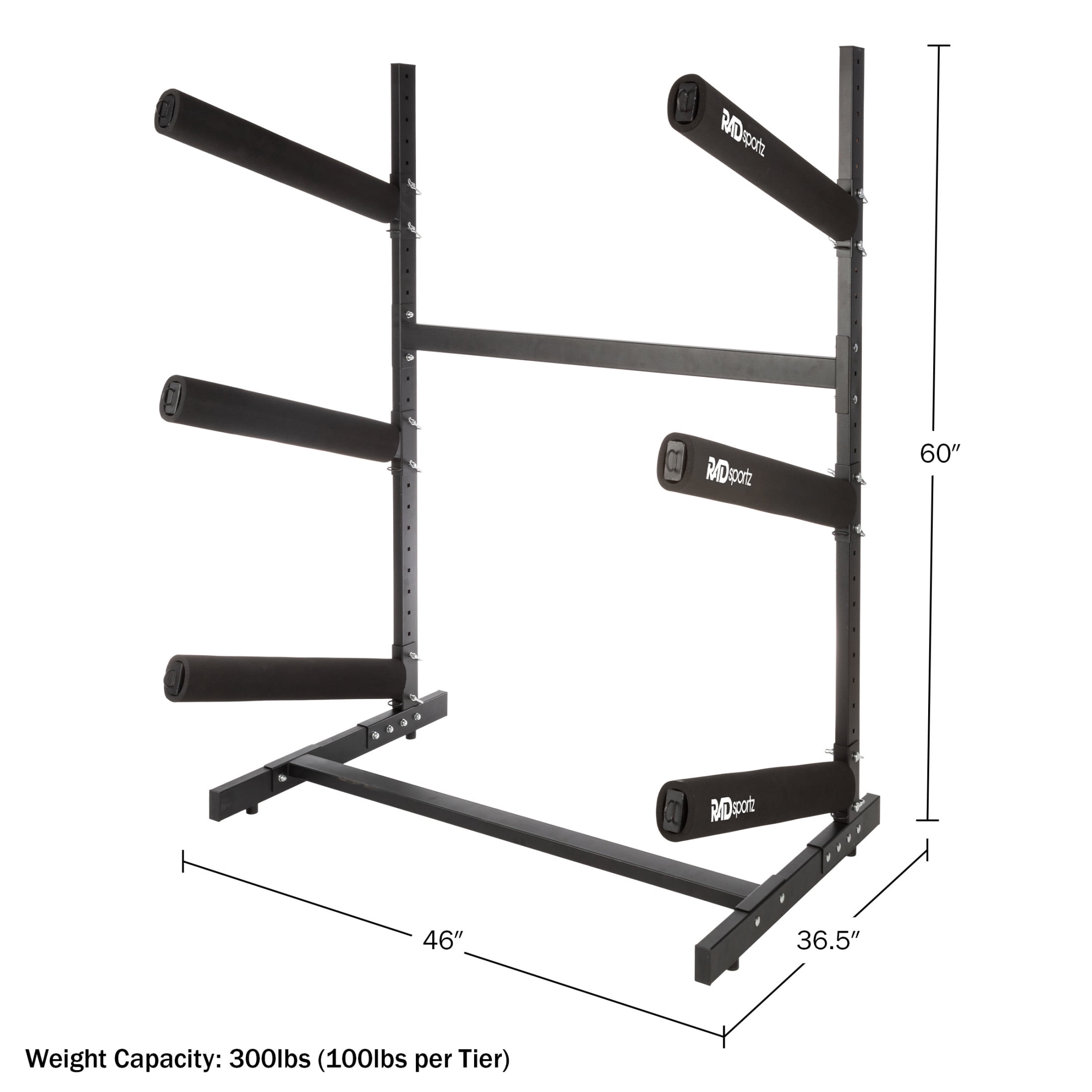 RAD Sportz Kayak Storage Rack - 3-Level Freestanding Adjustable Stand with Padded Arms and 300lb Capacity for Canoes, SUP, or Paddleboards - Black