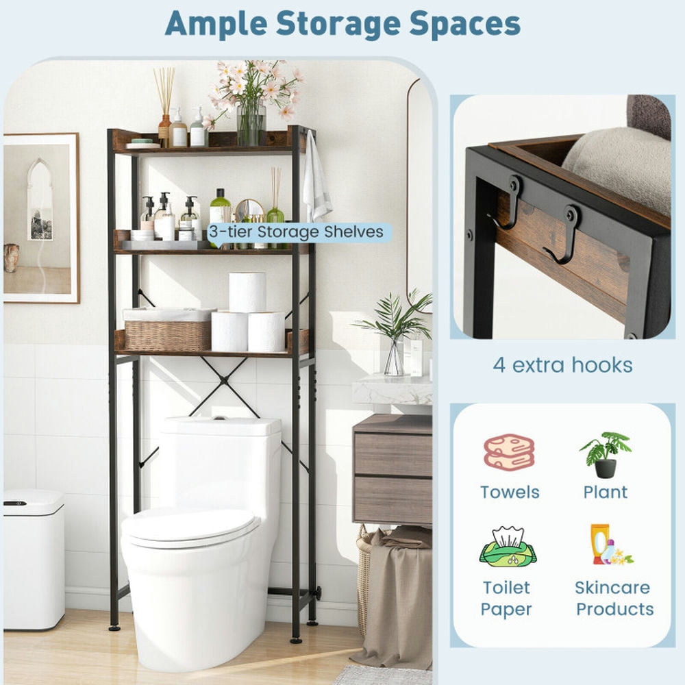 Finihen Toilet Storage Rack, Toilet Storage Shelf, Over The Toilet Storage Rack with Hooks and Adjustable Bottom Bar, for Bathroom, Rustic Brown
