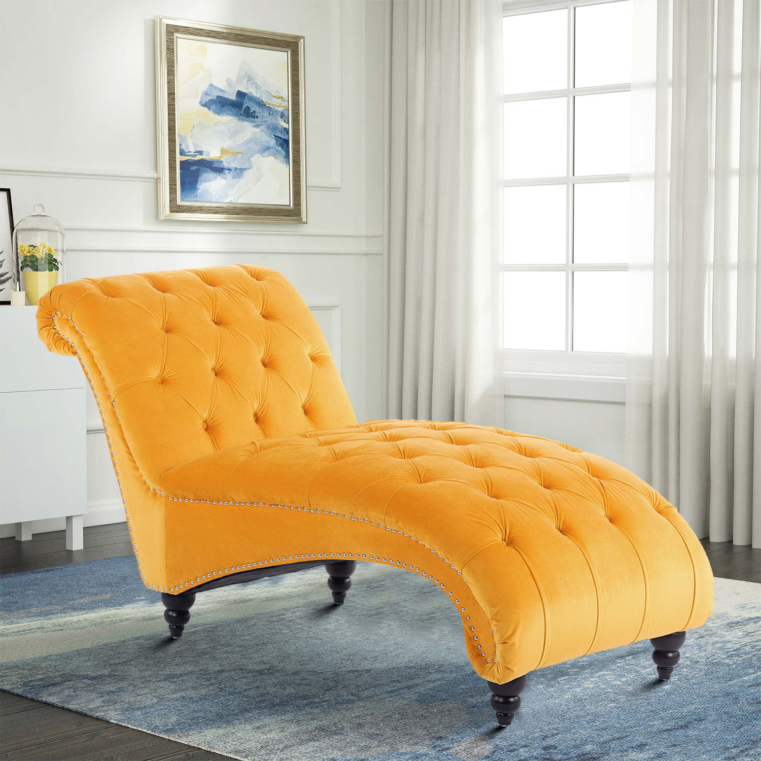 Classic and Elegant Style Velvet Fabric Upholstered Chaise Lounge with ...