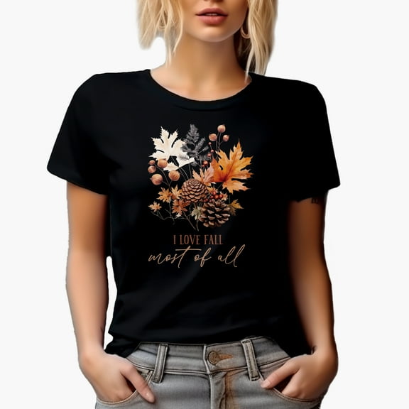 I Love Fall Most of All, Autumn Leaves Art, Black T-Shirt, Small