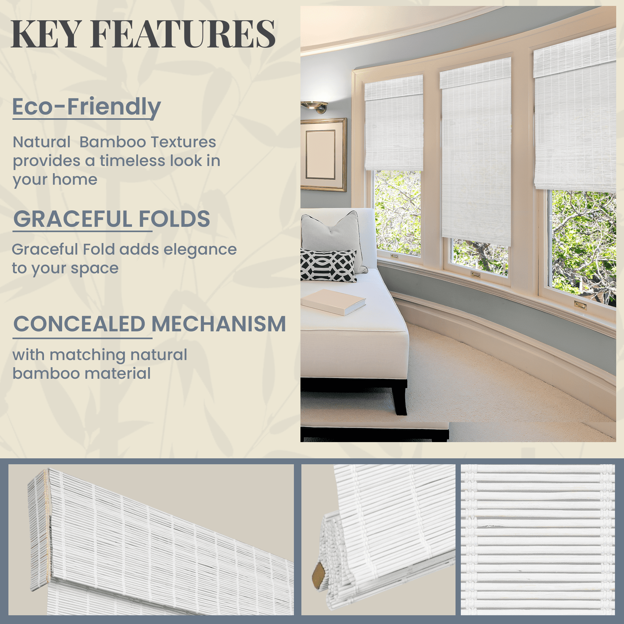 Natural Woven Light Filtering Cordless Bamboo Roman Shades for Windows, 62.5 in. W x 72 in. L, Snow