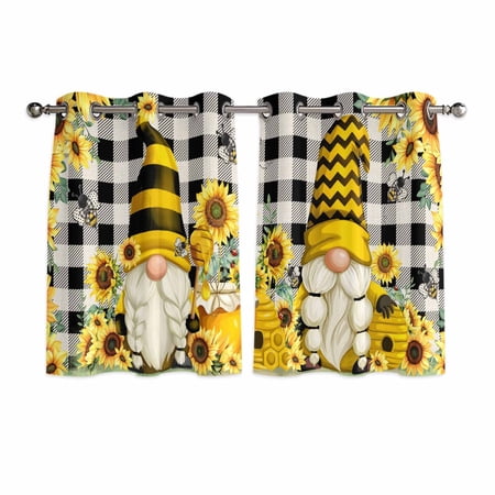 Yellow Sunflower Kitchen Curtains Short 45 Inch Length Spring Summer Bee Gnomes Black Plaid Grommet Top Bedroom Living Room Curtains Light Filtering Cafe Curtain Drapes 2 Panels Set 84 x45