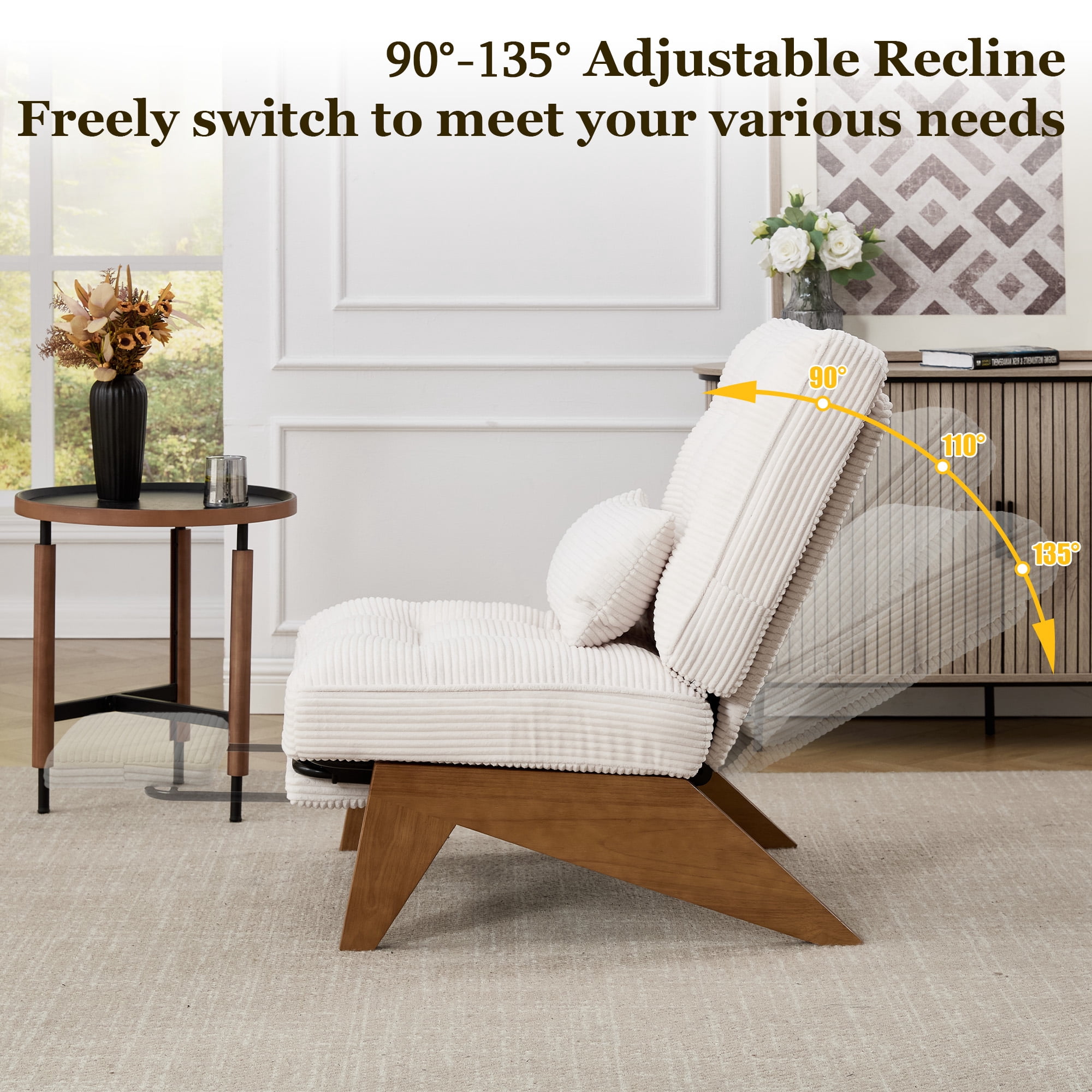 MOONMISS Modern Adjustable Lounge Chair with Footrest,Wooden Base Upholstered Recliner for Reading Rest Corduroy