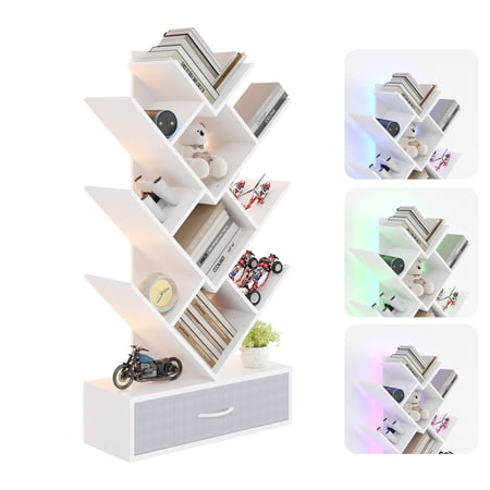 7-Tier Tree Bookshelf with LED Lights Narrow Vertical Floor Bookcase with Fabric Drawer - Space-Saving Storage Rack,White