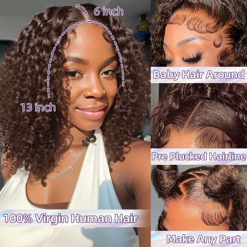 Curly Bob Wig Synthetic Wig Deep Wave 13x6 HD Lace Front Wigs For Black Women Hair Pre Plucked Wear And Go Glueless Short Wet And Wavy Chocolate Brown 12 Inch