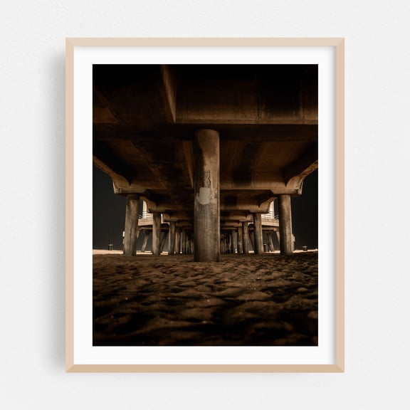 Under the Pier - Huntington Beach California Photography Bridge Industrial Architecture Beach Night Sky Coastal Abstract Oak Framed Wall Art Print 8 x 10 inches