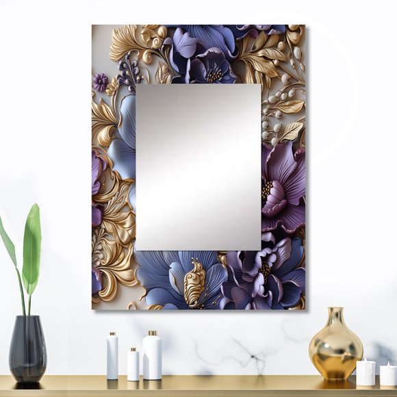 Designart "Majestic Gilded Royalty" Floral Wall Mirror, Printed Purple Wall Mirror, Traditional Bathroom Wall Mirror, Decorative Floral Mirror - 24x32 Inch