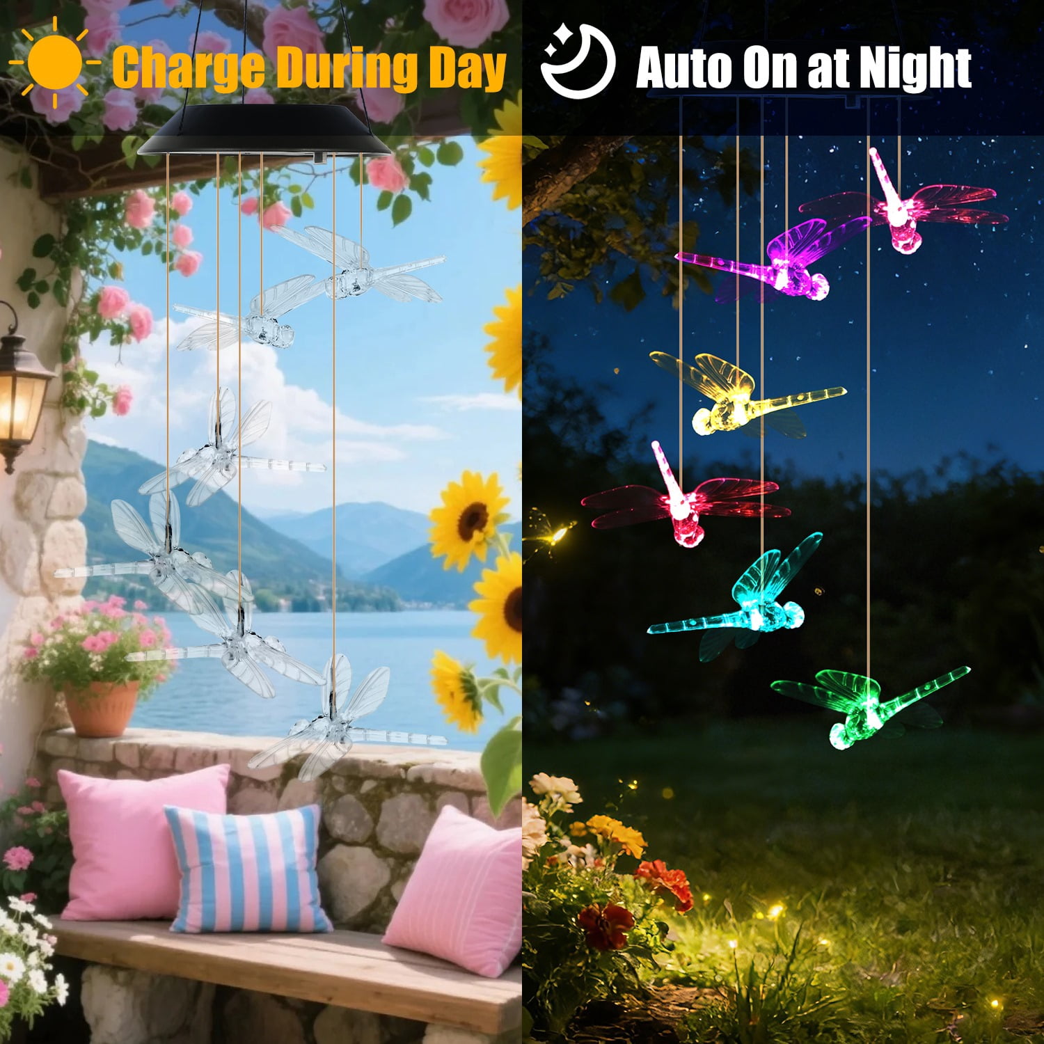 2PCS Solar Dragonfly Wind Chimes Color Changing LED Light IPX4 Waterproof Hanging Decor for Garden Patio Yard