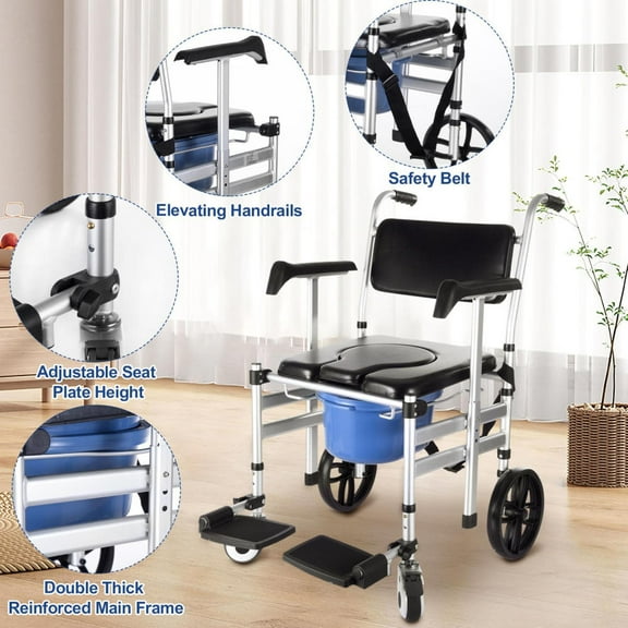 Rolling Shower Commode - Foldable Toilet Seat Riser with Wheels & Arms, Portable Bathroom Safety Chair for Disabled Seniors (3 Adjustable Heights)