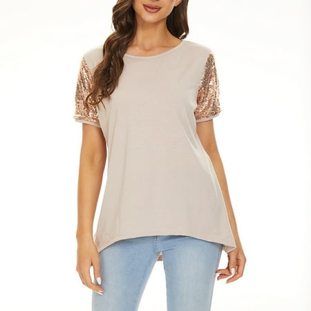 

OKBOP Halloween Scrub Tops Fashion Causal Rounk Neck Sequins Short Sleeve T-Shirt Summer Satin Blouse Tight Long Sleeve Shirts for Women