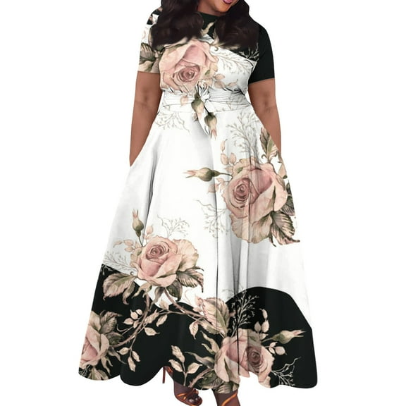 Jzuxvd Short Sleeve Maxi Dress Casual Plus Size Crewneck Long Dress Elegant Formal A Line Smocked Flowy Party Dress Pink 4XL