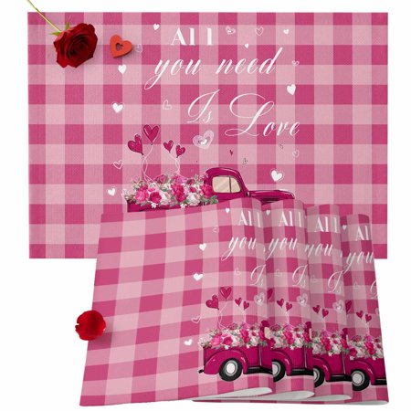 Valentine s Day Placemats Set of 4 Pink Rose Truck Place Mats Heart Balloons Buffalo Plaid Tablemats Placemat Table Decoration for Kitchen Table Dinner Wedding Party Home Decor 13x19 Inch