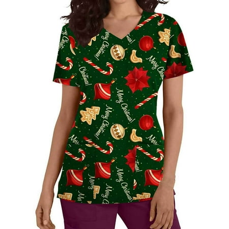 

Christmas Scrubs Tops Women Christmas 3D Printed Cute Short Sleeve Scrub Shirts Casual V Neck Pockets Working Uniform