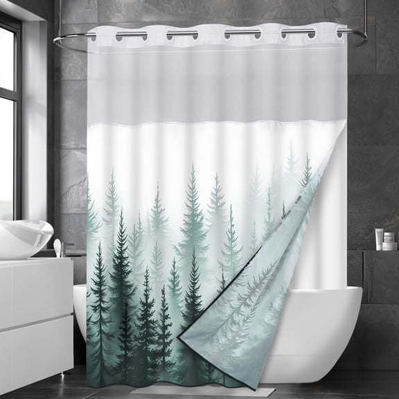 Ikfashoni Hookless Shower Curtain with Snap in Liner, Green Forests No Hook Waterproof Bath Curtain, 71"X74"