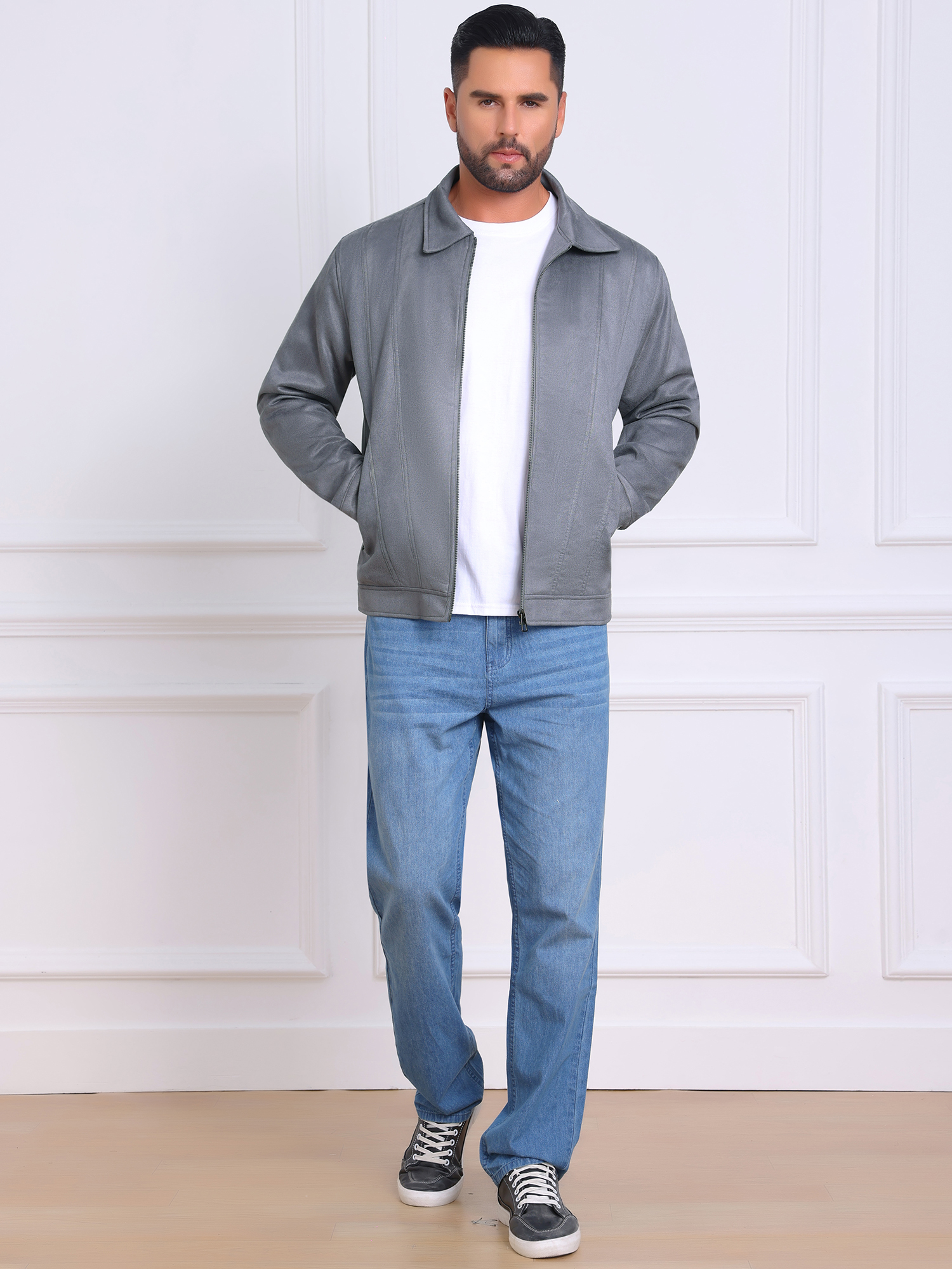 DARING DIVA Men's Collared Zipper Outdoor Wear Vintage Suede Jacket S Gray