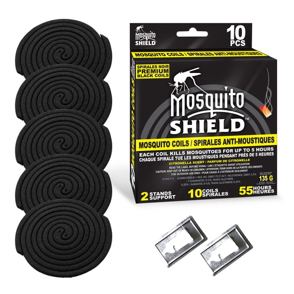 Mosquito Shield - 55 Heures, Spirales Anti-Moustiques à la Citronnelle, 10 Spirales Anti-Moustiques Haute Performance avec 2 Supports Métalliques pour le Camping et les Patios, Fabriquées avec du Carbone Noir de Qualité Supérieure