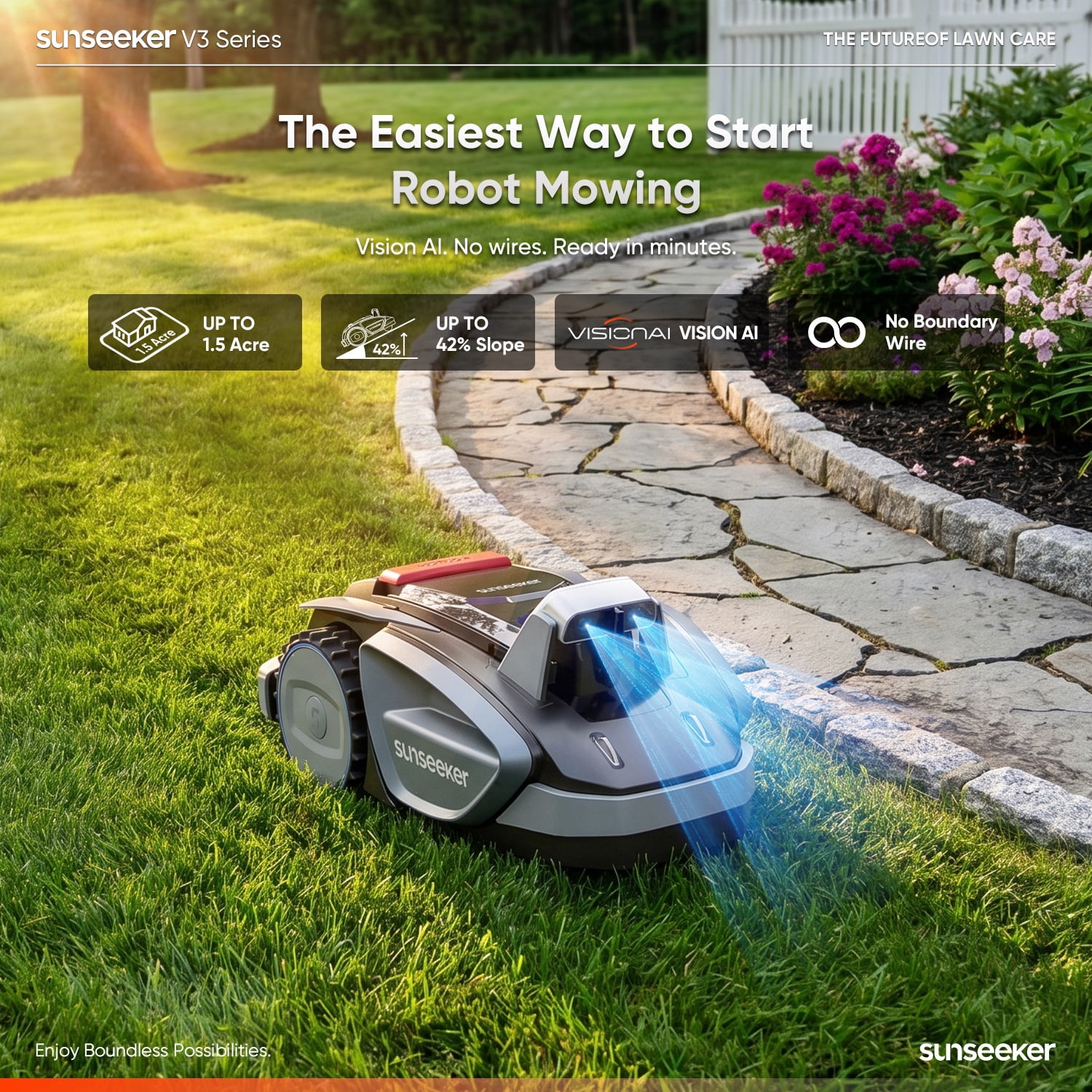 Sunseeker V3 Wireless Robot Lawn Mower 0.15 Acre/6,400 Sq Ft, AI Auto Mow, Smart Obstacle Avoidance, App Control
