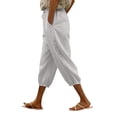 thumbnail image 2 of Women's Cotton Linen Capri Pants with Lace Trim Casual Drawstring Elastic Waist Pants Summer Lightweight Cropped Trousers with Pockets Beige M, 2 of 5