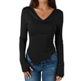 thumbnail image 2 of WTOBBY Women's Long Sleeve V-Neck Shirt Slim Fit Blouse Top, Asymmetric Hem Stacked Neck Sexy Going Out Tops for Fall Events,Black XL, 2 of 4