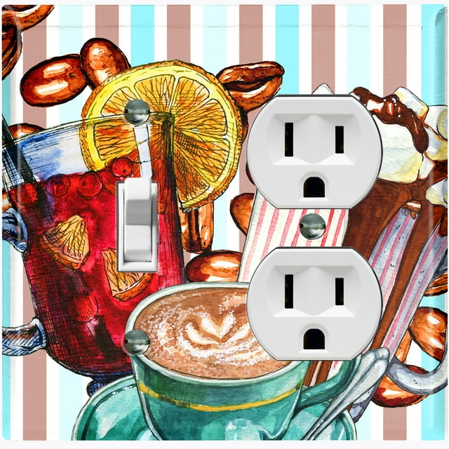 Metal Light Switch Wall Plate Outlet Cover (Coffee Beans Mocha Tea Marshmallow Treat Stripe Teal Brown - Single Toggle Single Duplex)